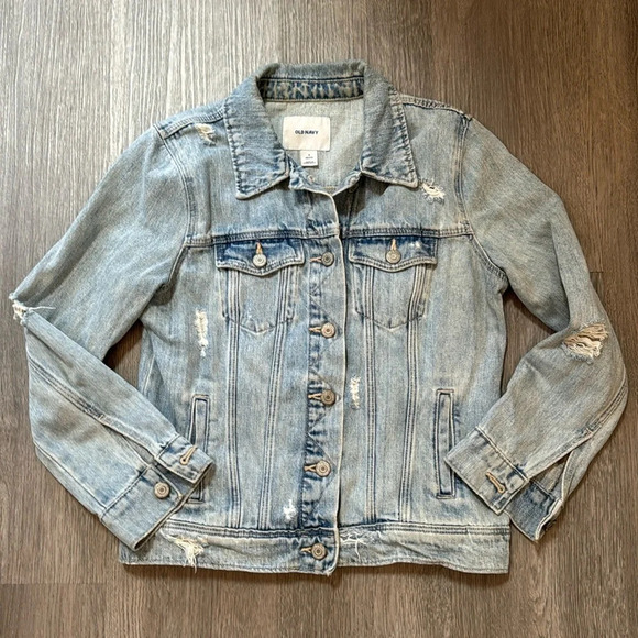 Old Navy Light wash distressed cotton button up denim jacket size S Petite - Picture 1 of 6